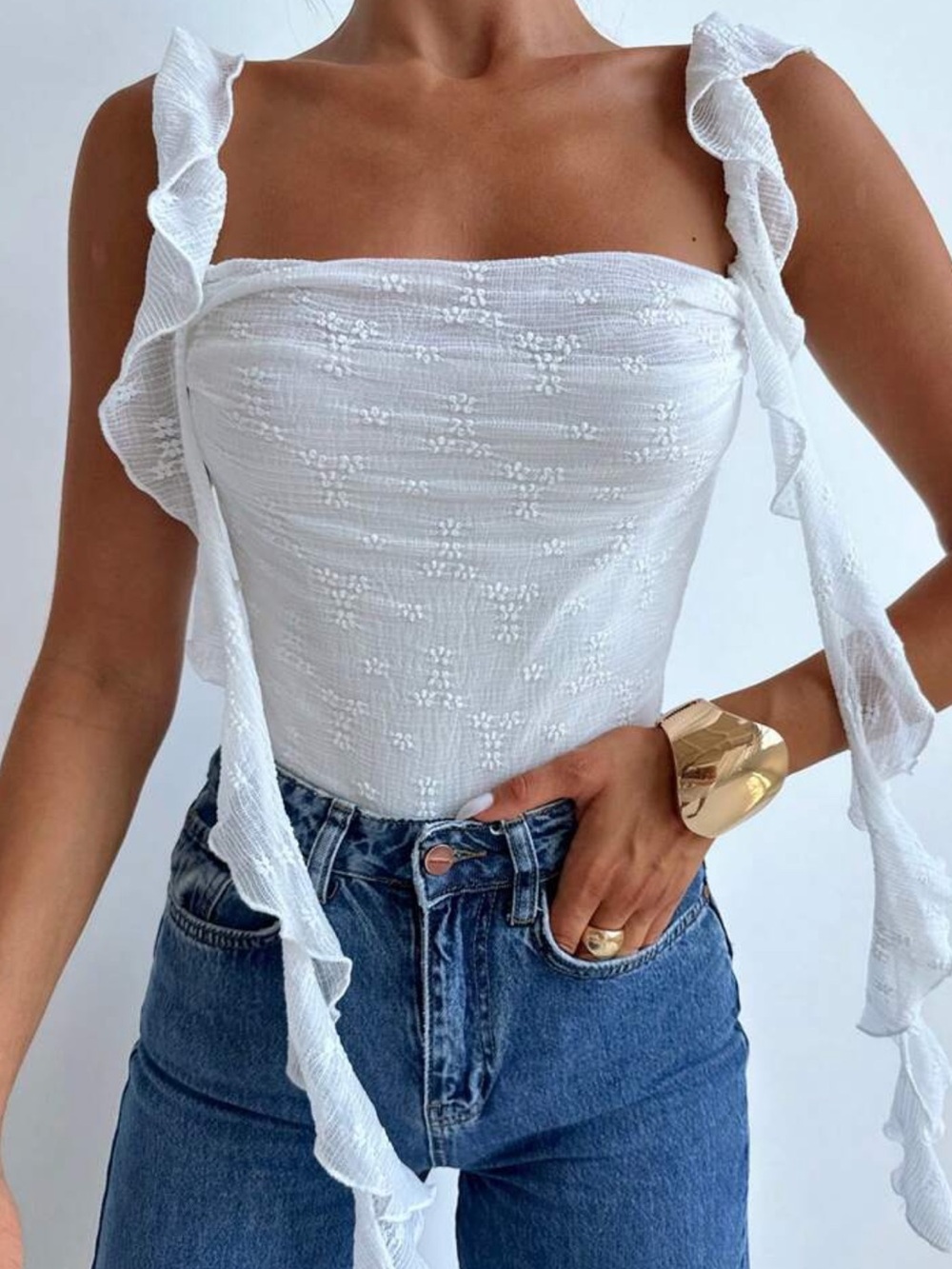 White Eyelet Ruffled Bodysuit